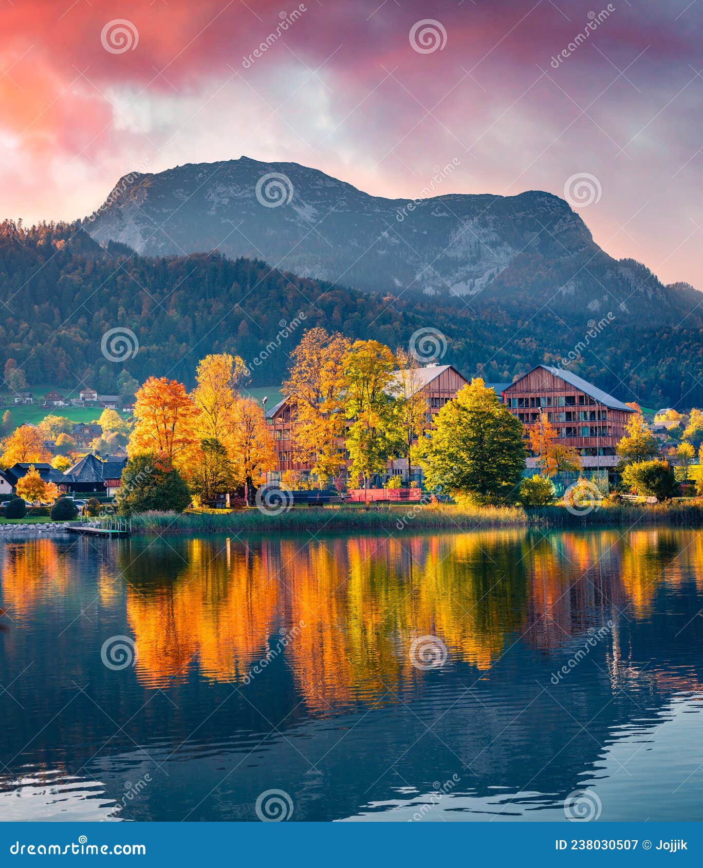 breathtaking sunrise on altausseer lake, austrian alps