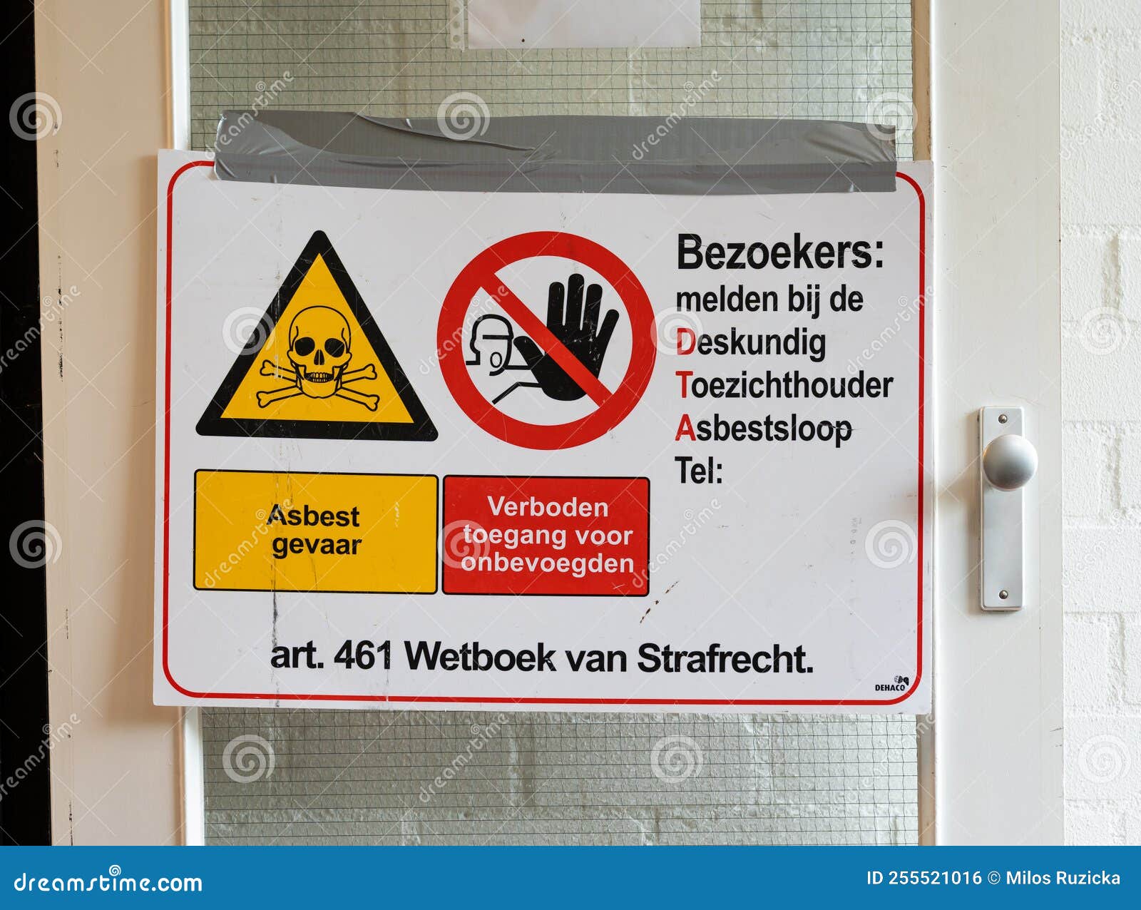dutch attention sign at the door, warning. forbidden access, toxic substances, asbest.
