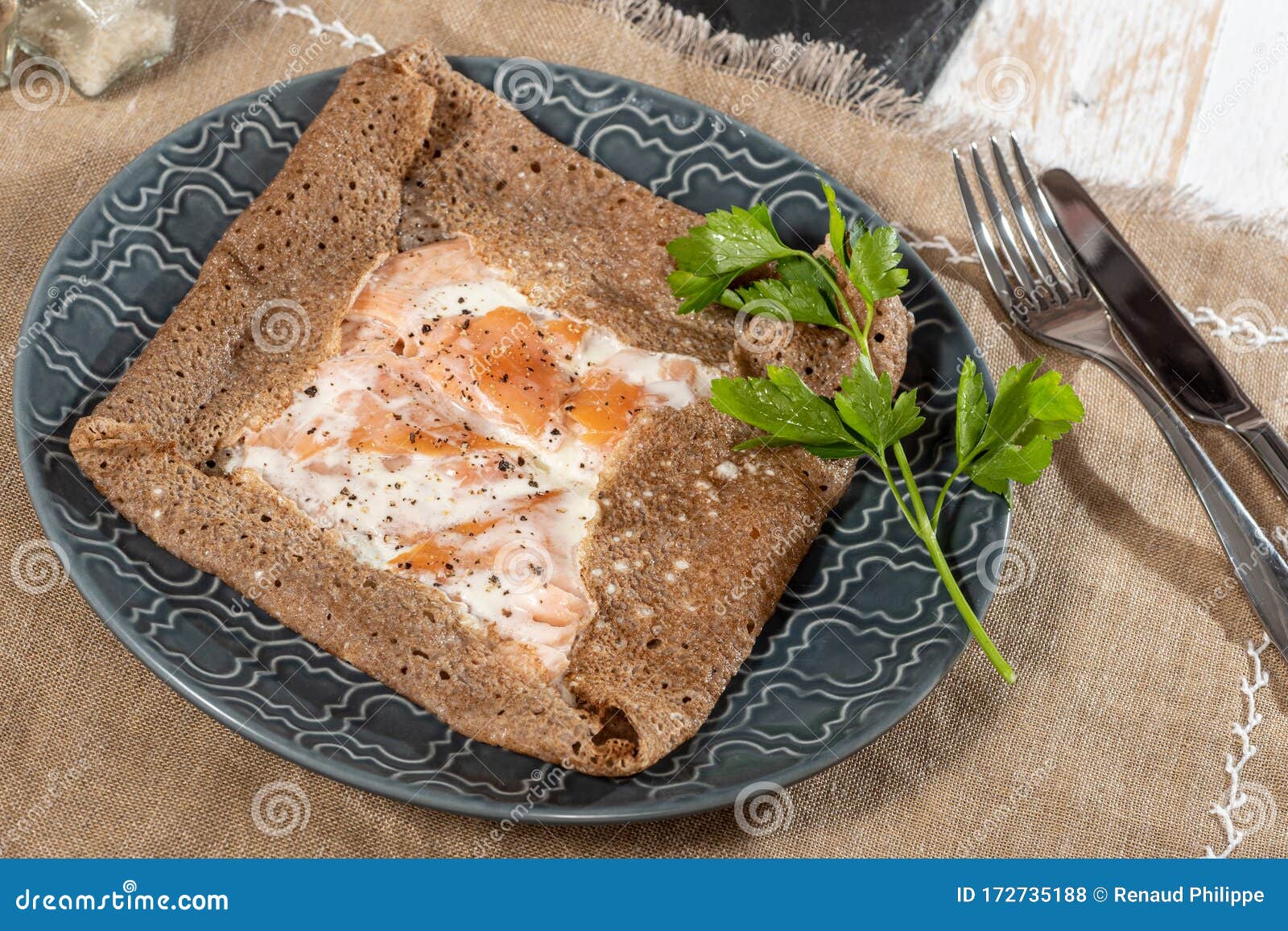 Breton Crepe with Egg in Blue Plate Stock Photo Image of diet