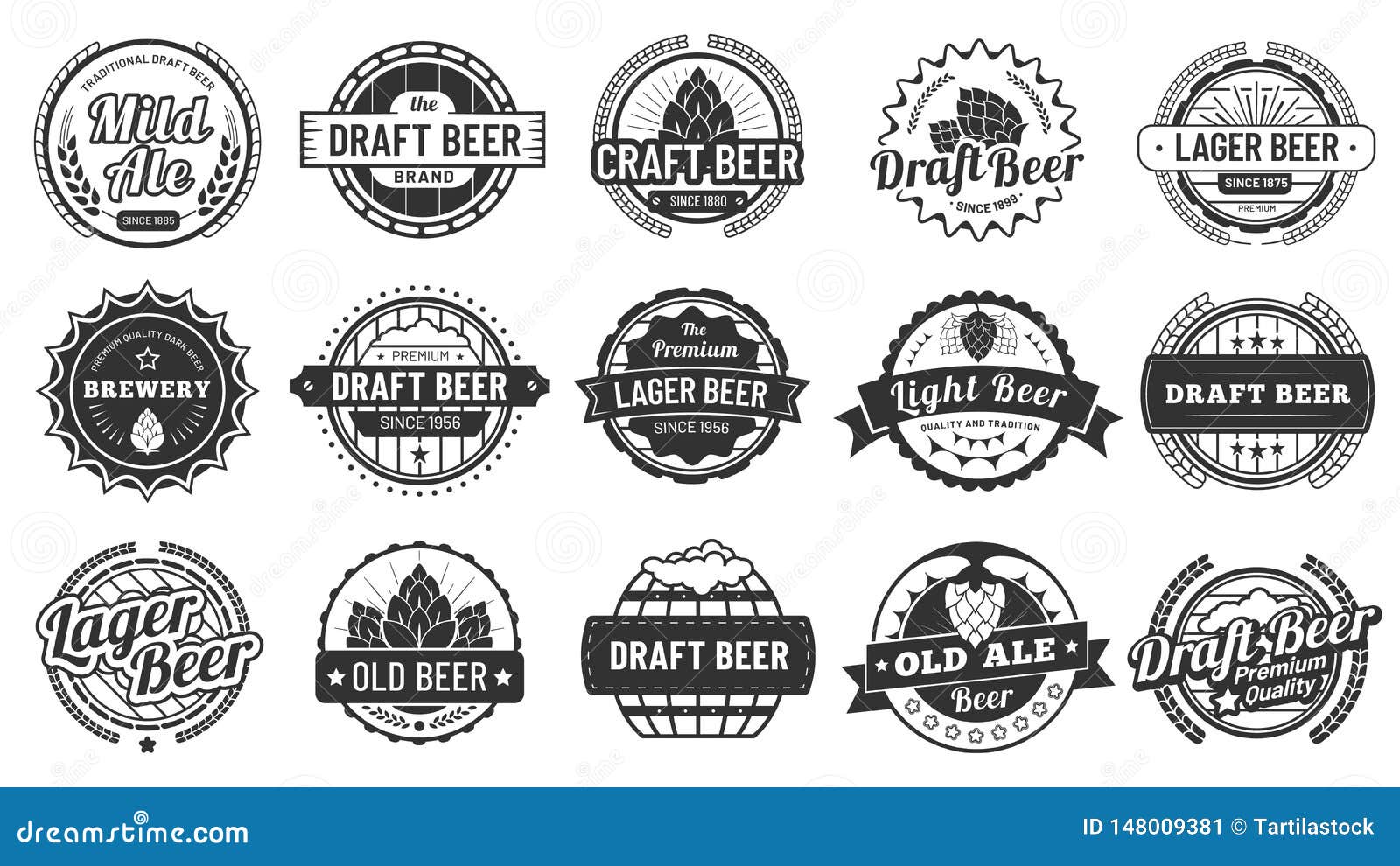 brewery beer badges. craft beers emblems, hop lager and pub hops badge    set