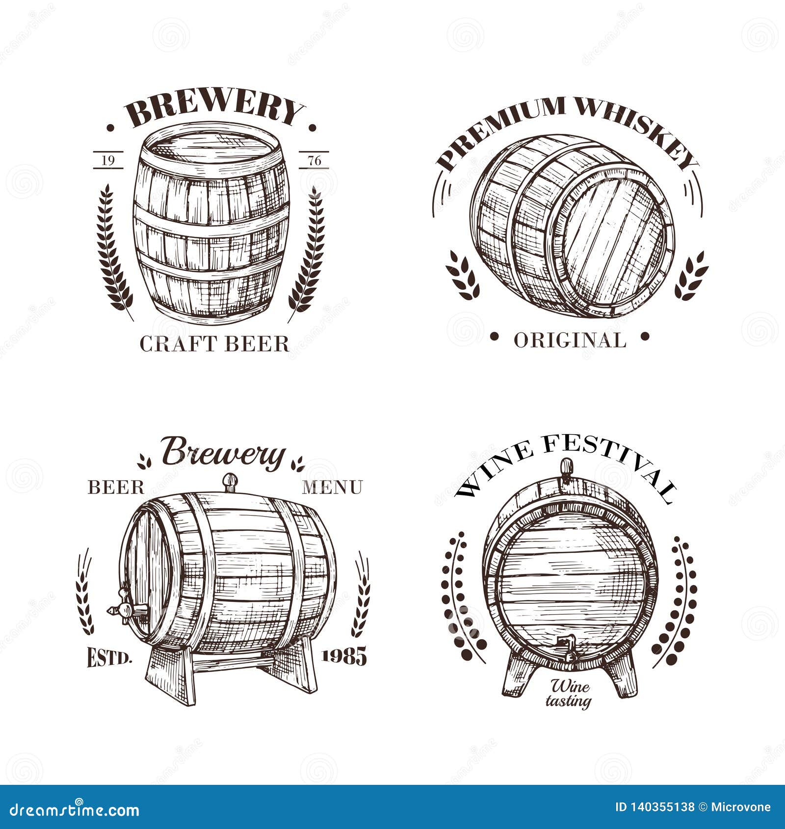 Brewery Emblem. Barrel of Beer and Wine, Whiskey and Brandy Sketch ...