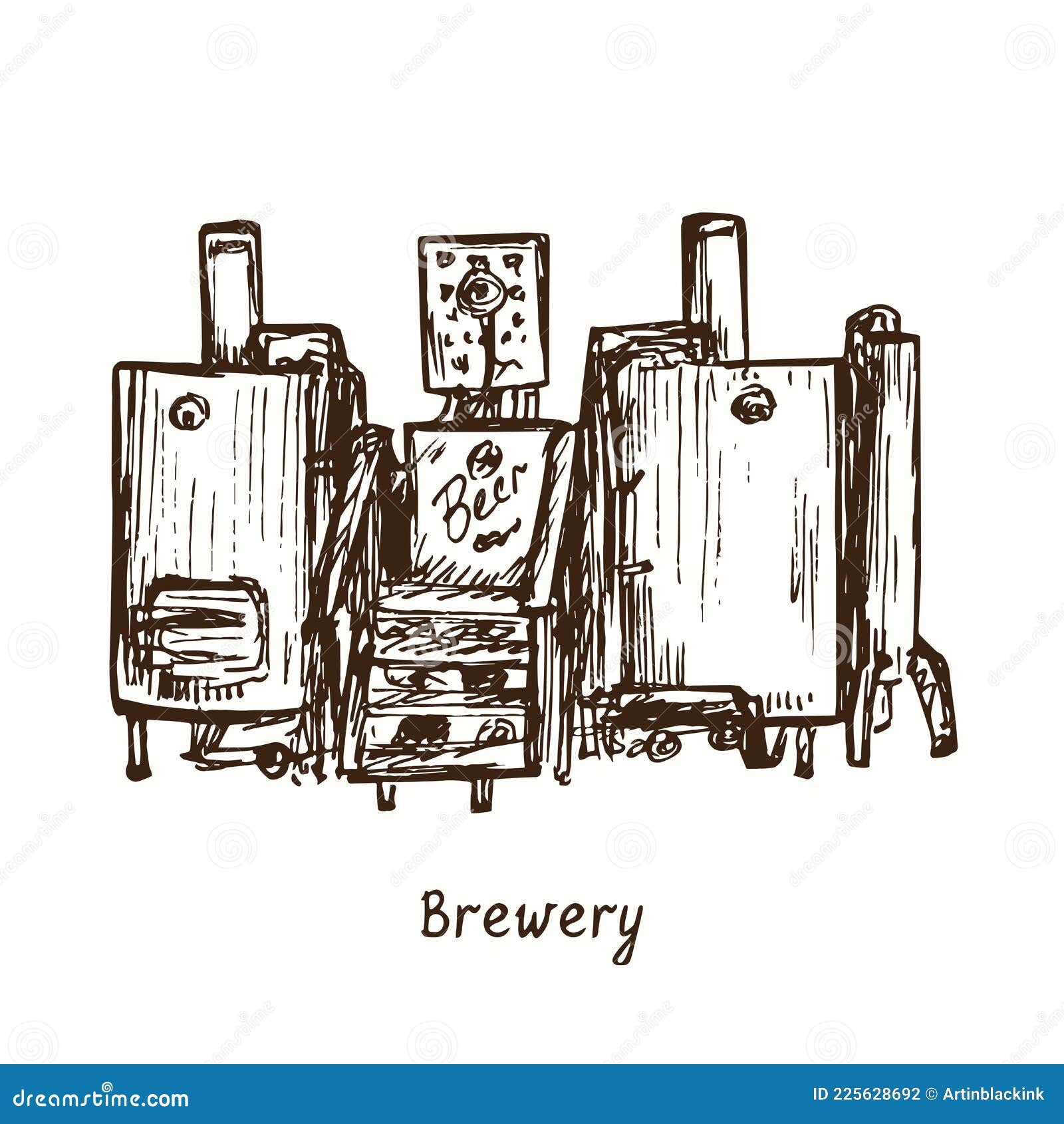 Brewery. Ink Black and White Doodle Drawing Stock Vector Illustration