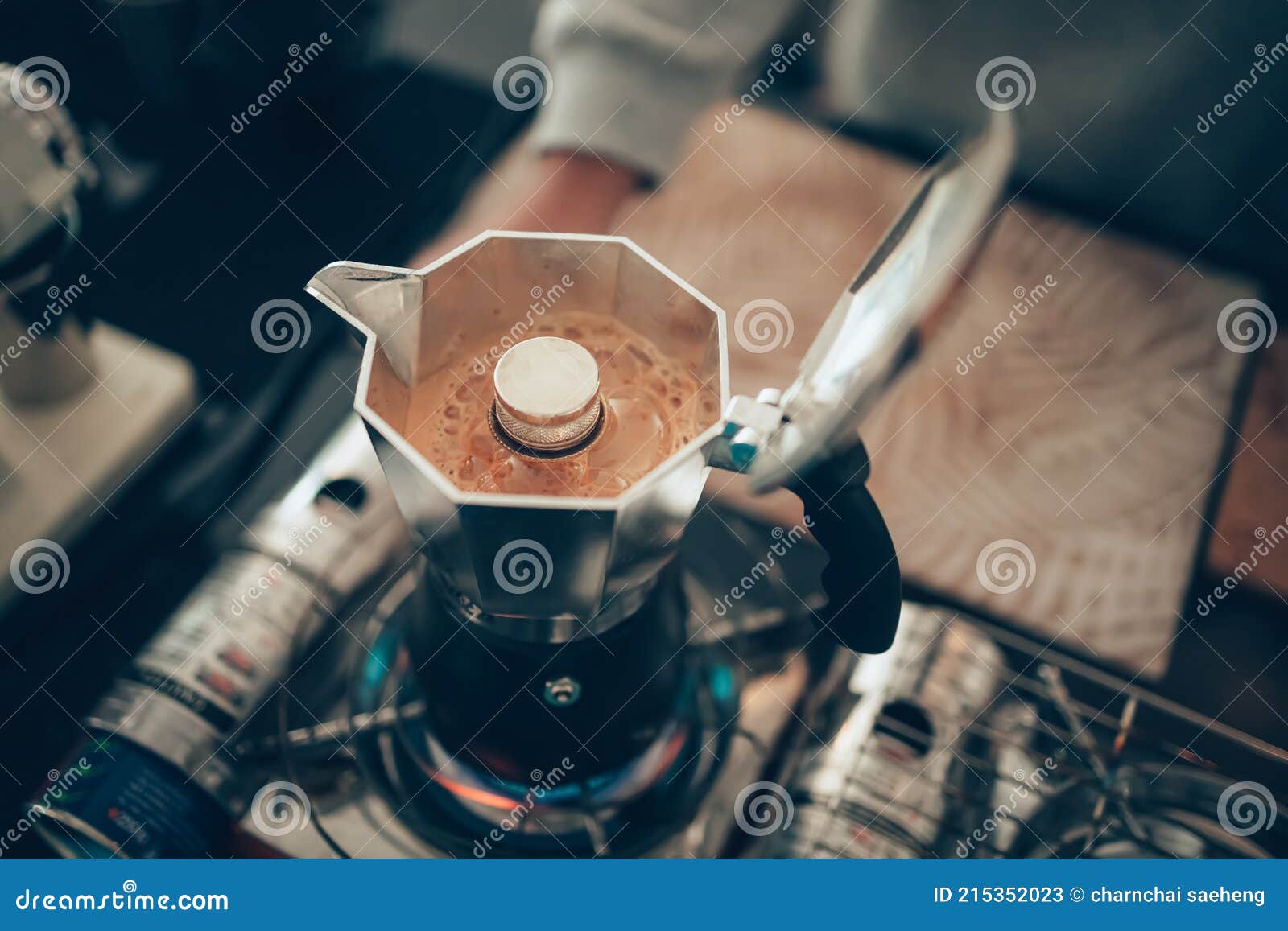 Brewing Black Moka Coffee Using Moka Coffee Maker and Boiling with