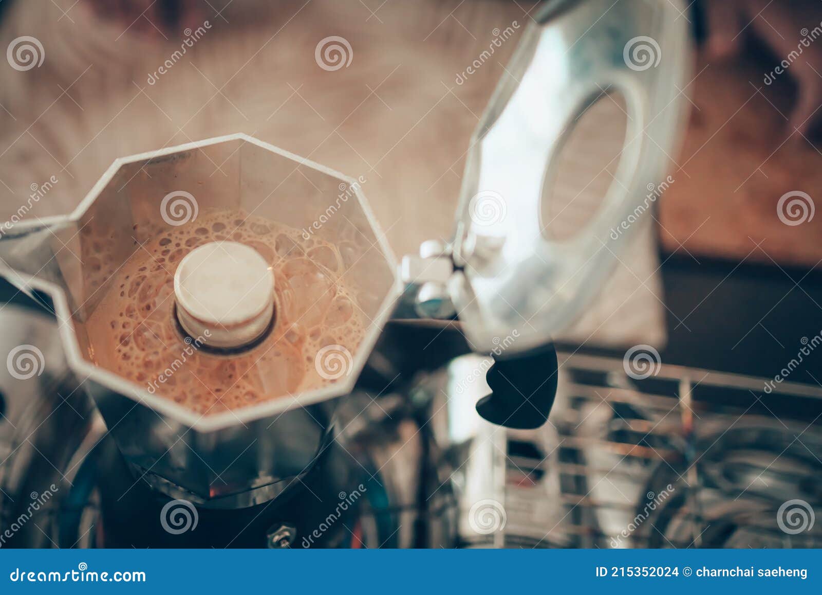 Brewing Black Moka Coffee Using Moka Coffee Maker and Boiling with