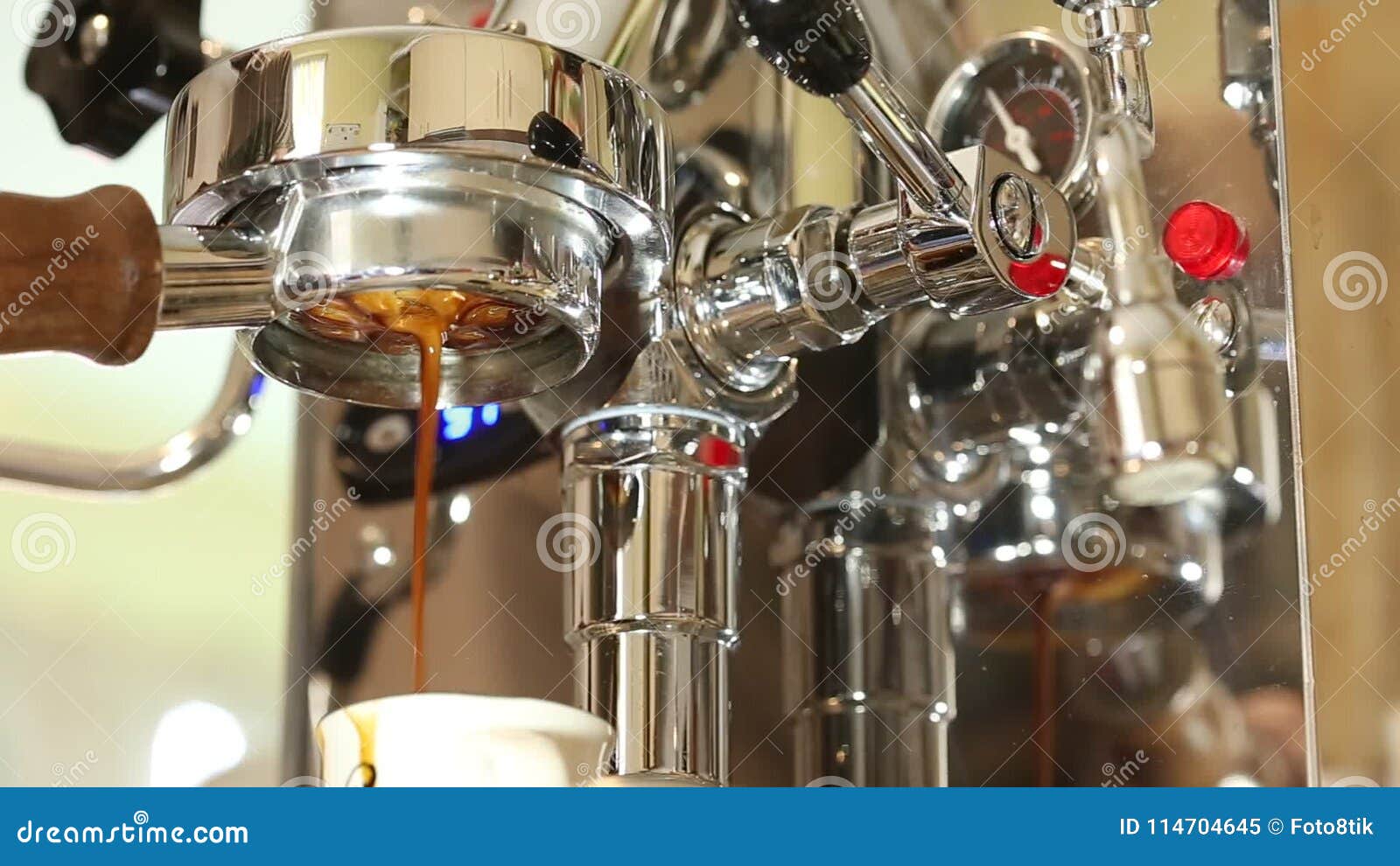 Brewing Coffee At Home Using A Nice Stainless Steeel Machine And Bottomless Portafilter Stock Video Brewing Coffee At Home Using A Nice Stainless Steeel Machine And Bottomless Portafilter Stock Video
