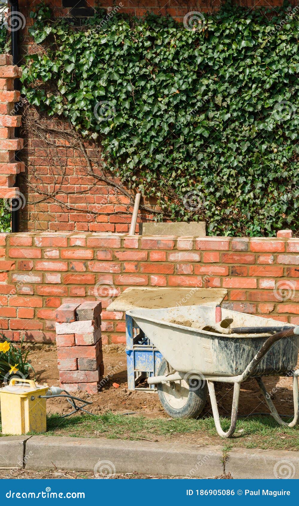 Brick Laying, Building a Brick Garden Wall, UK Stock Photo Image of