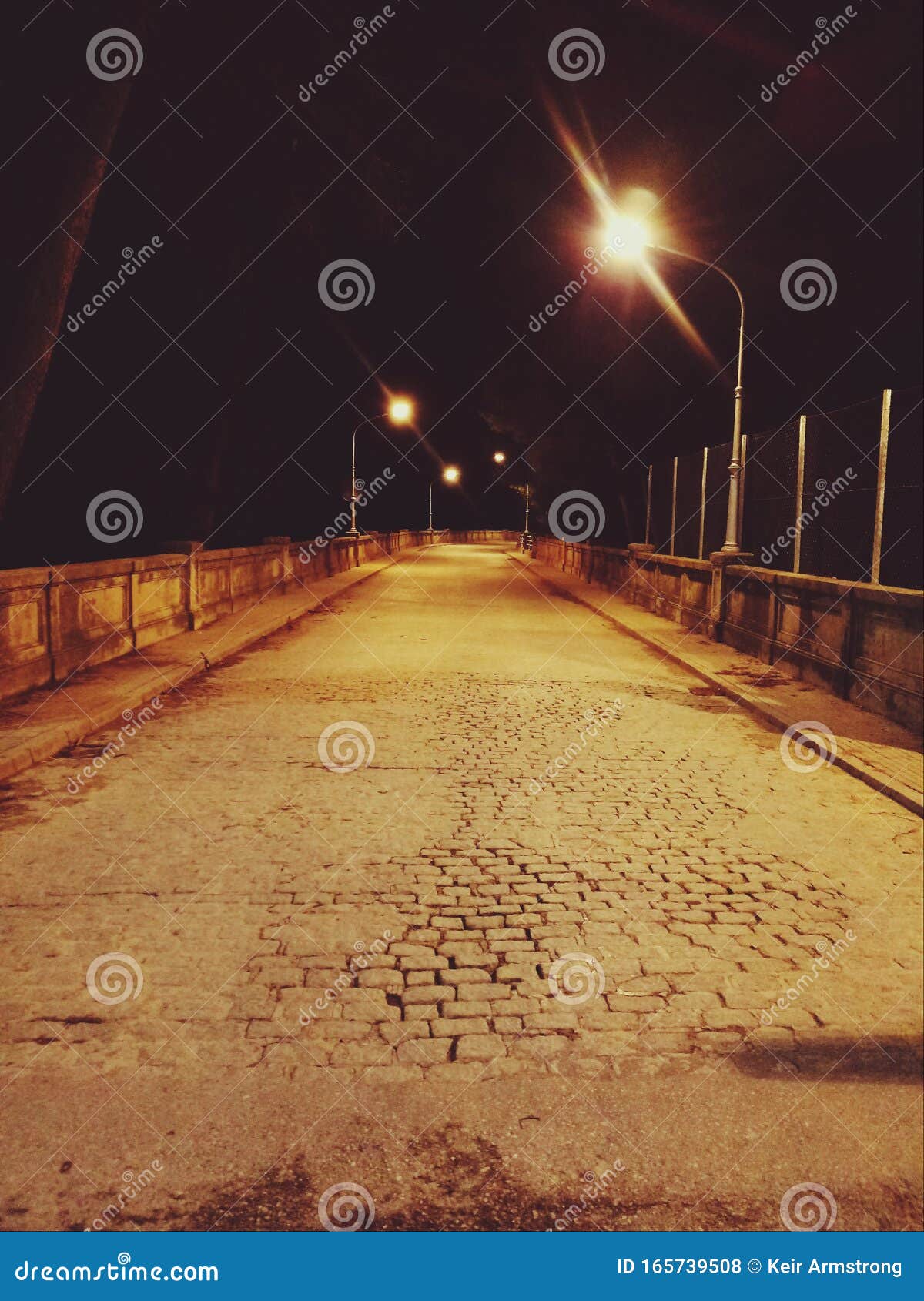 A Brick Path at Night Time with Street Lights Stock Photo Image of
