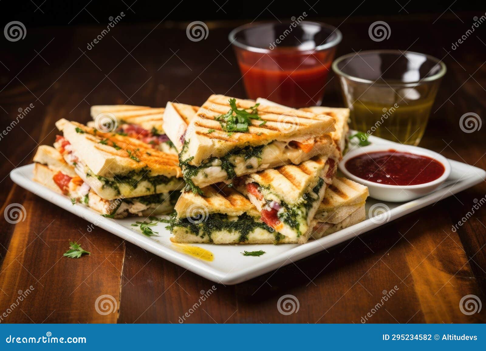 Brick Pressed Grilled Sandwich with an Assortment of Sauces Stock Photo