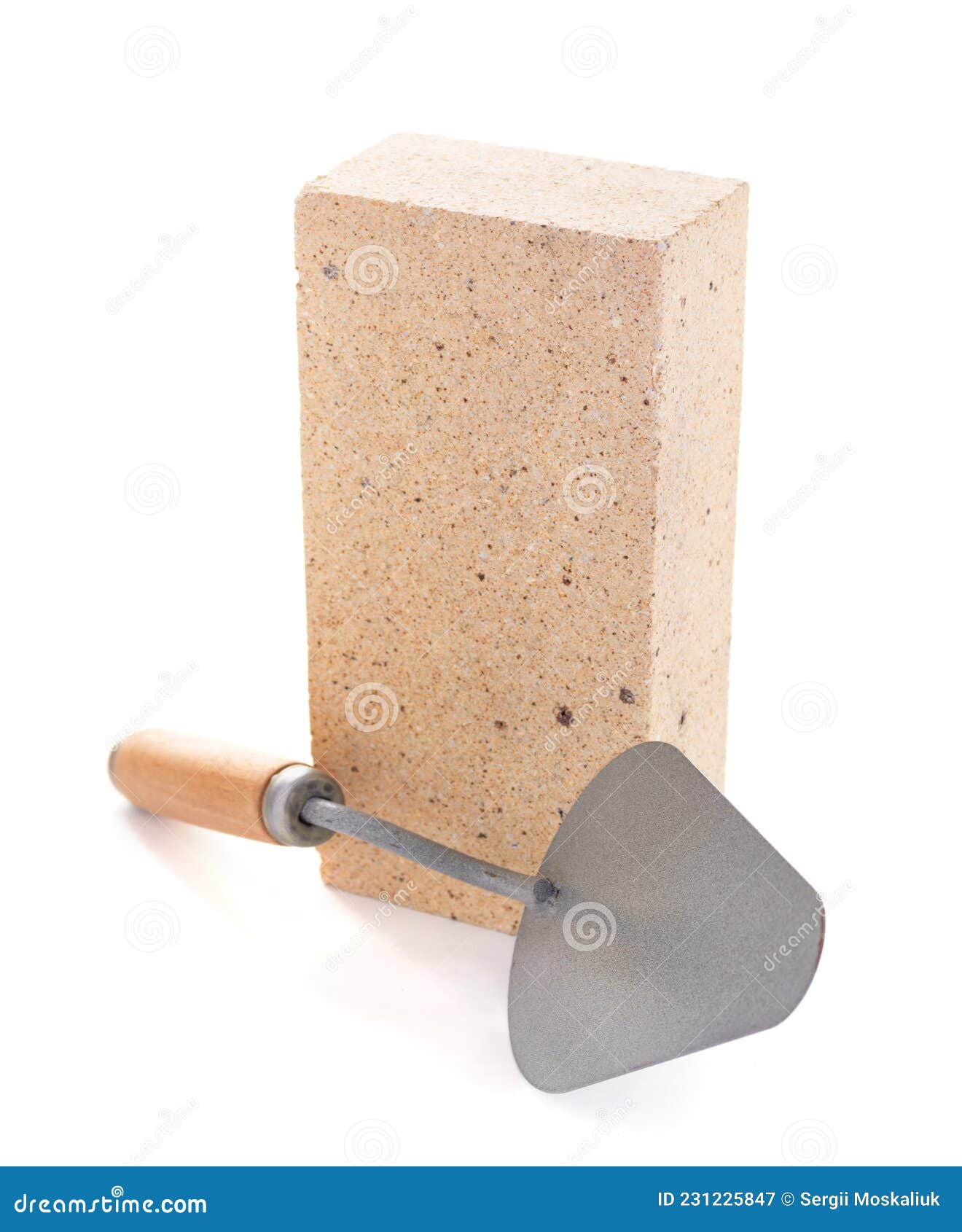 Brick and Trowel Tool Isolated at White Background. Construction Brick
