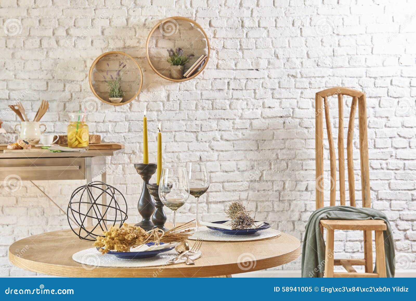 Brick Wall Interior with Round Frame and Table Stock Image Image of