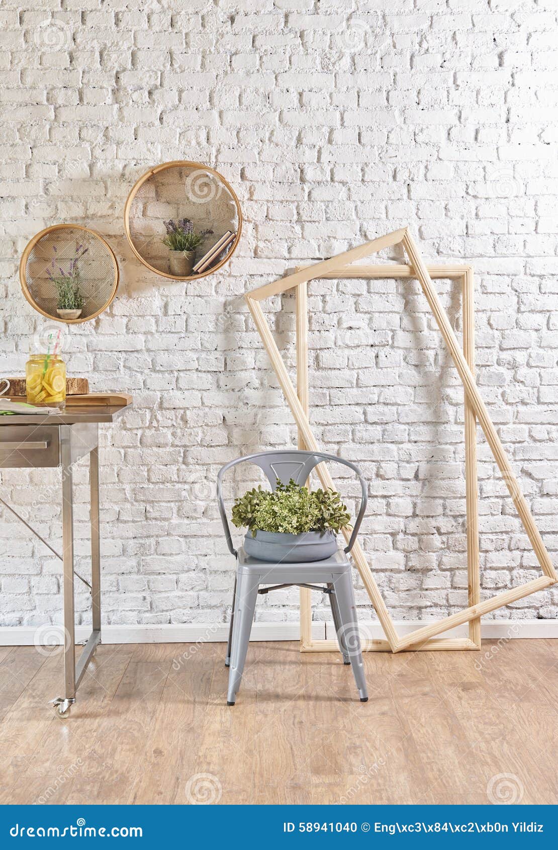 Brick Wall Interior with Round Frame and Table Stock Photo Image of