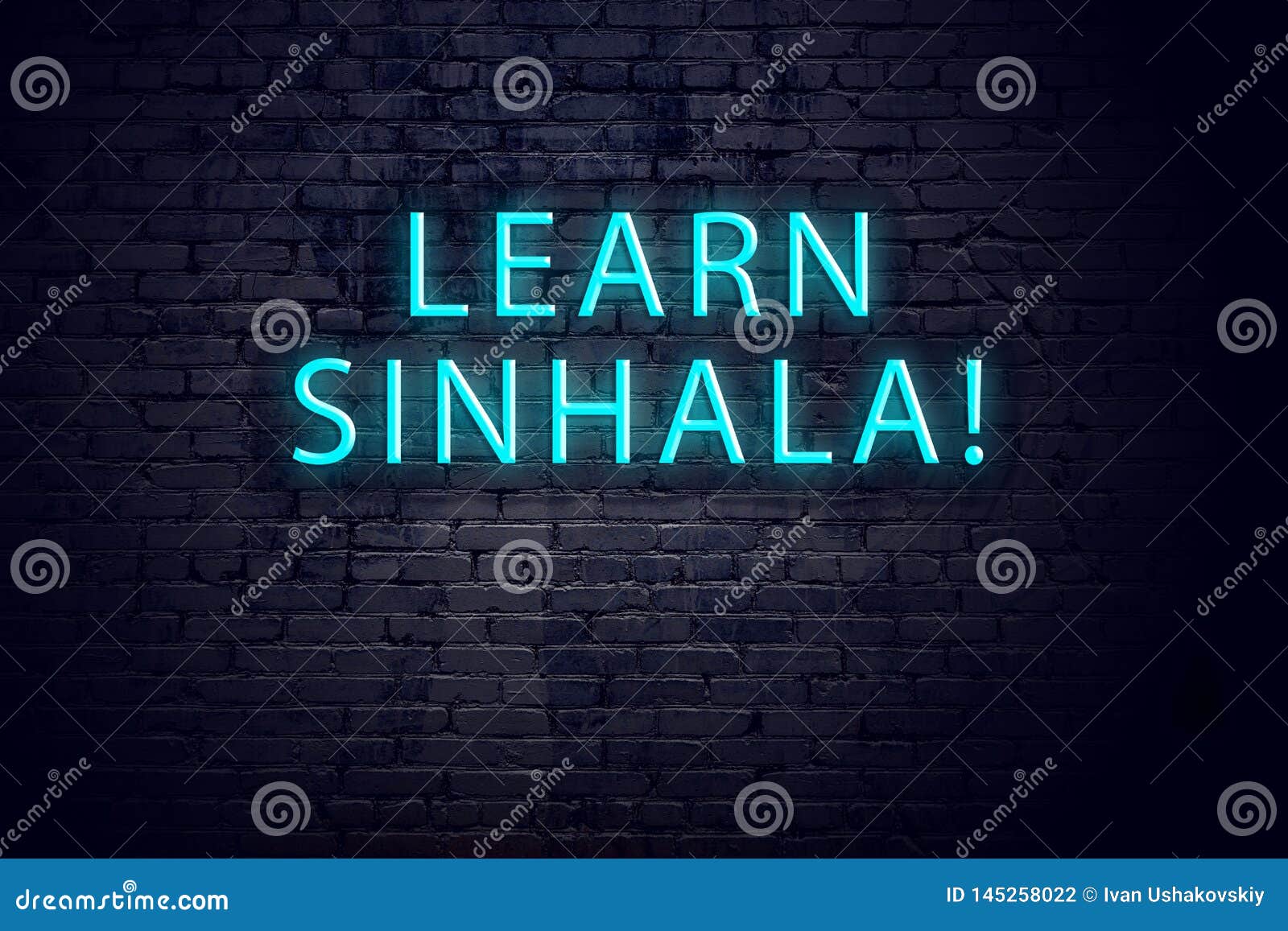 Brick Wall and Neon Sign with Inscription. Concept of Learning Sinhala