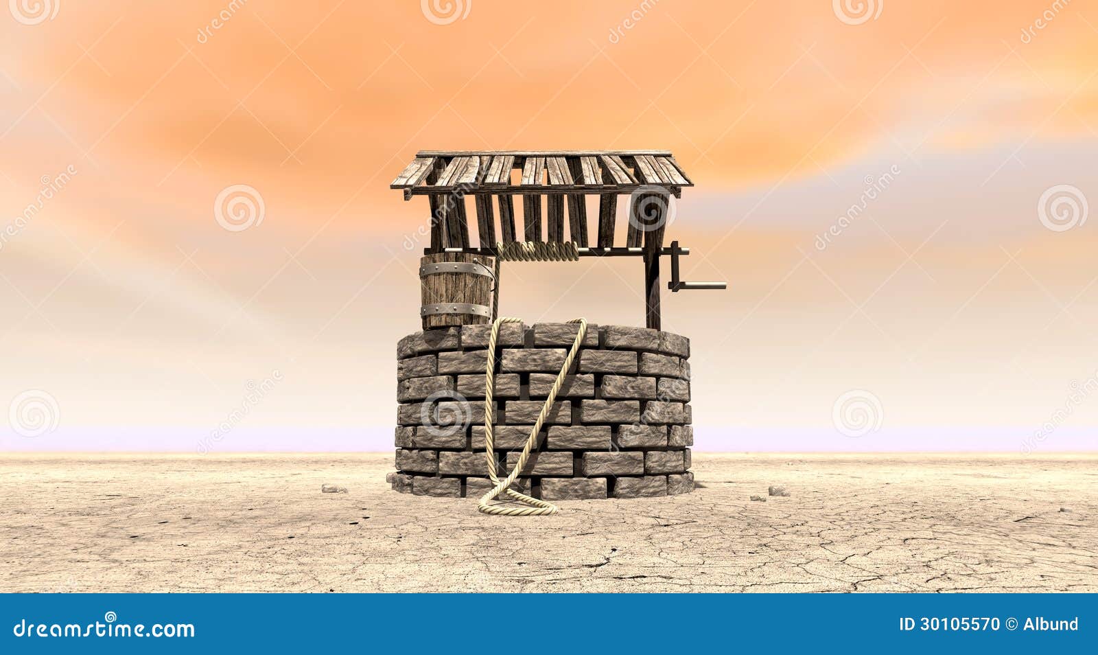 wishing well with wooden bucket on a barren landscape