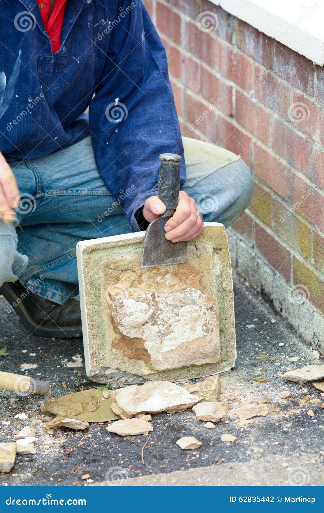 Bricklayer Using Lump Hammer and Bolster Stock Photo Image of chisel