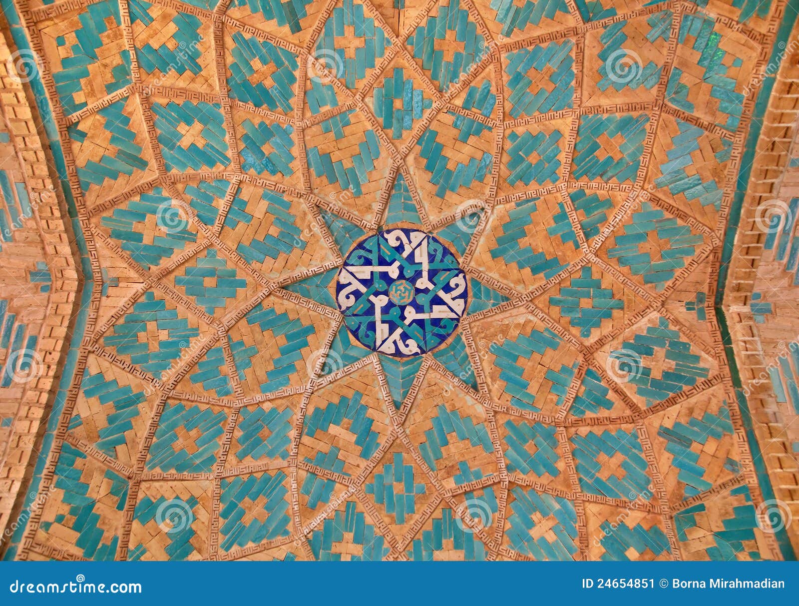 brickwork mixed with blue tiles inside a mosque