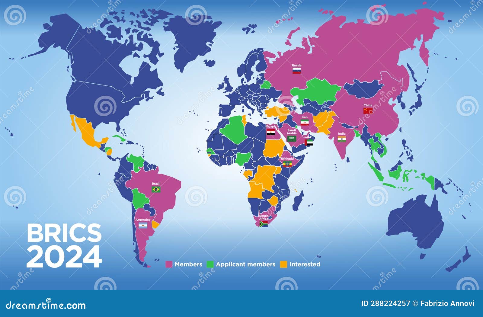 BRICS Countries Map in the Year 2024 with New Members Stock