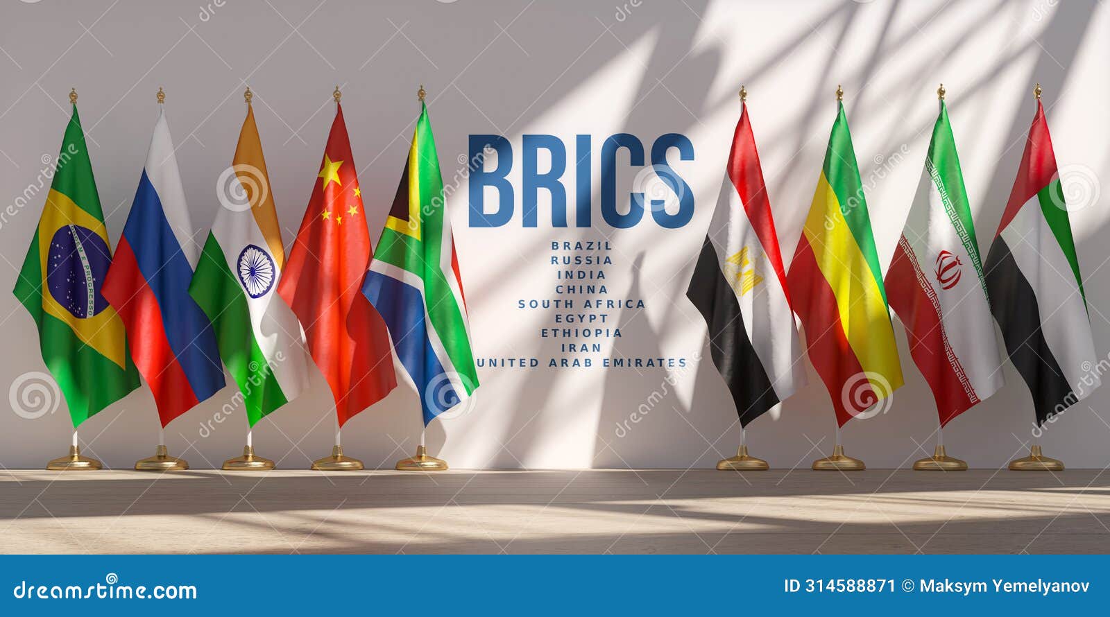 BRICS Summit or Meeting Concept. Row from Flags of All Members of BRICS List of Countries Stock