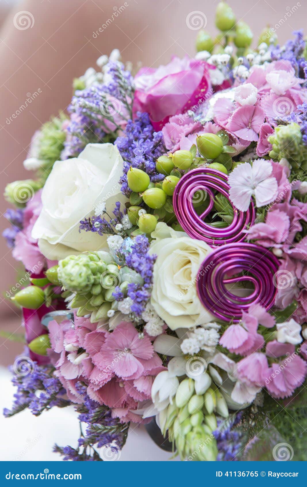 Bridal Bouquet with Pink Flowers and Violets Stock Image Image of