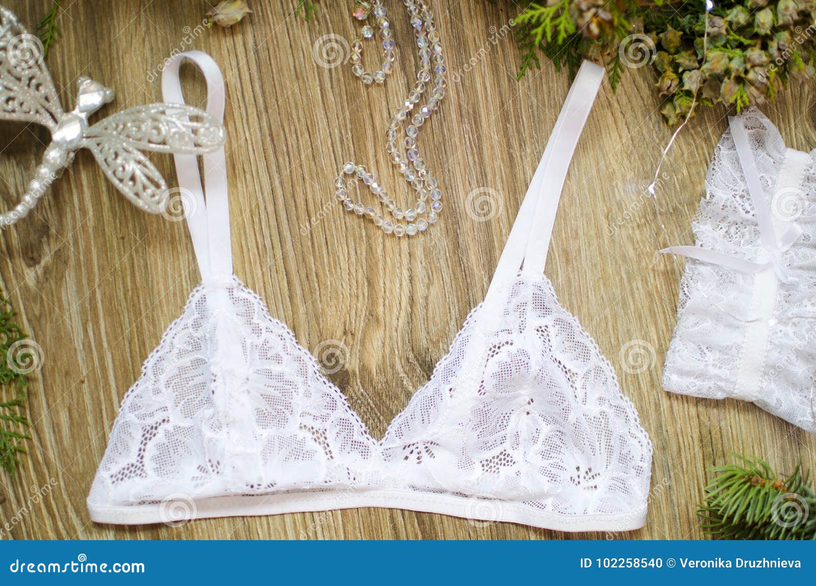 Bridal Christmas Lace Lingerie Set. White Bra and Panties Set on