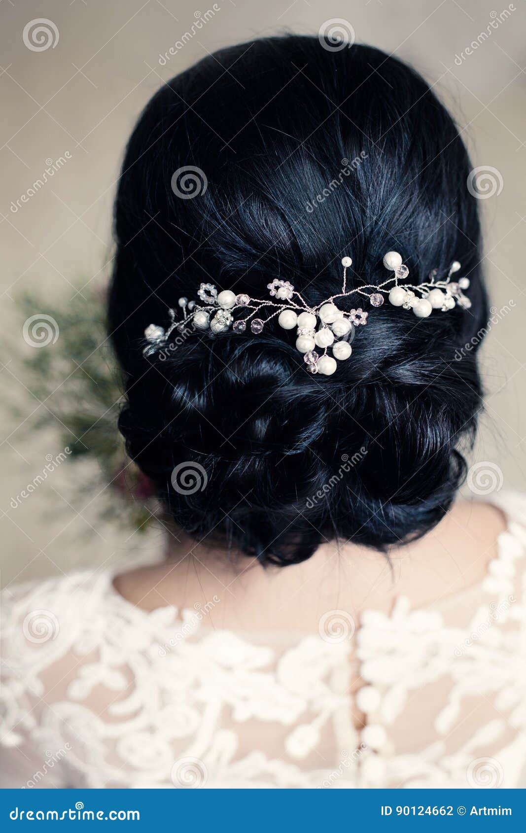Bridal or Prom Hairstyle with White Pearls Hairdeco Stock Photo