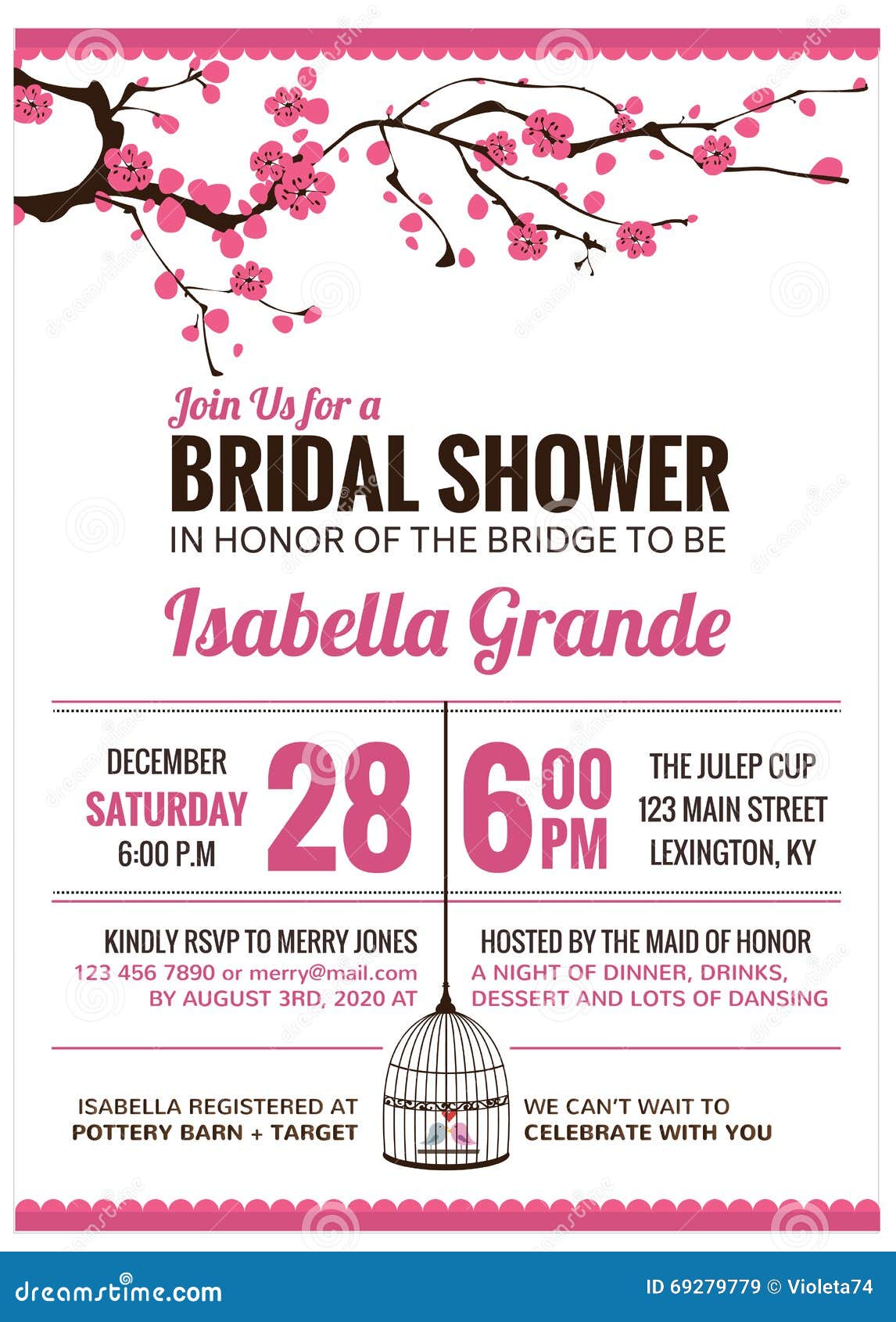 bridal shower invitation card with cherry blossom