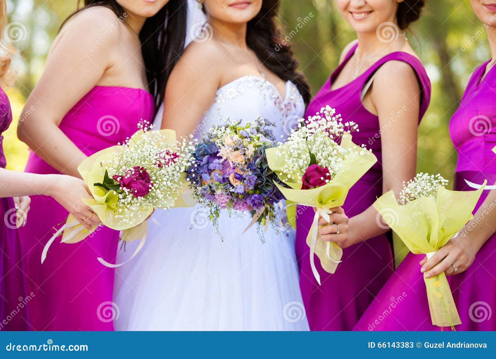 Bride with a Bouquet and the Bridesmaids Stock Image - Image of lilac ...