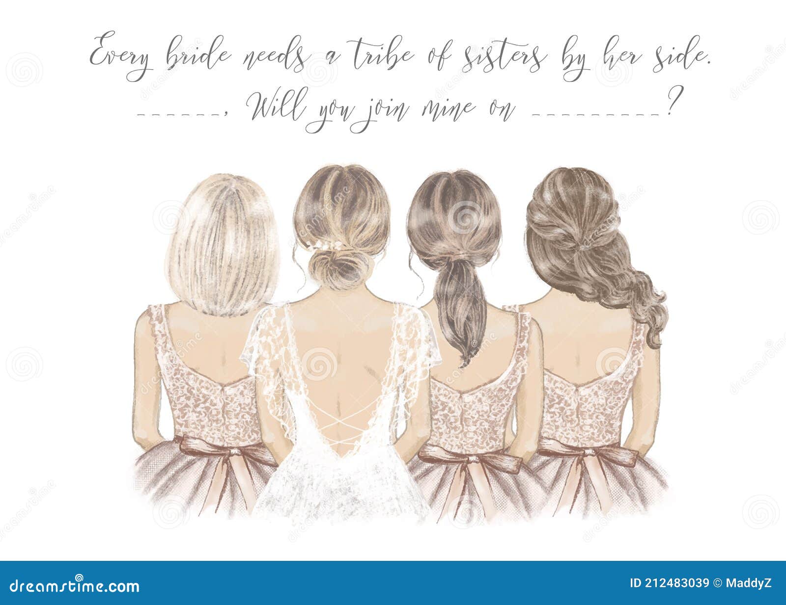 bride with bridesmaids in a line, hand drawn 