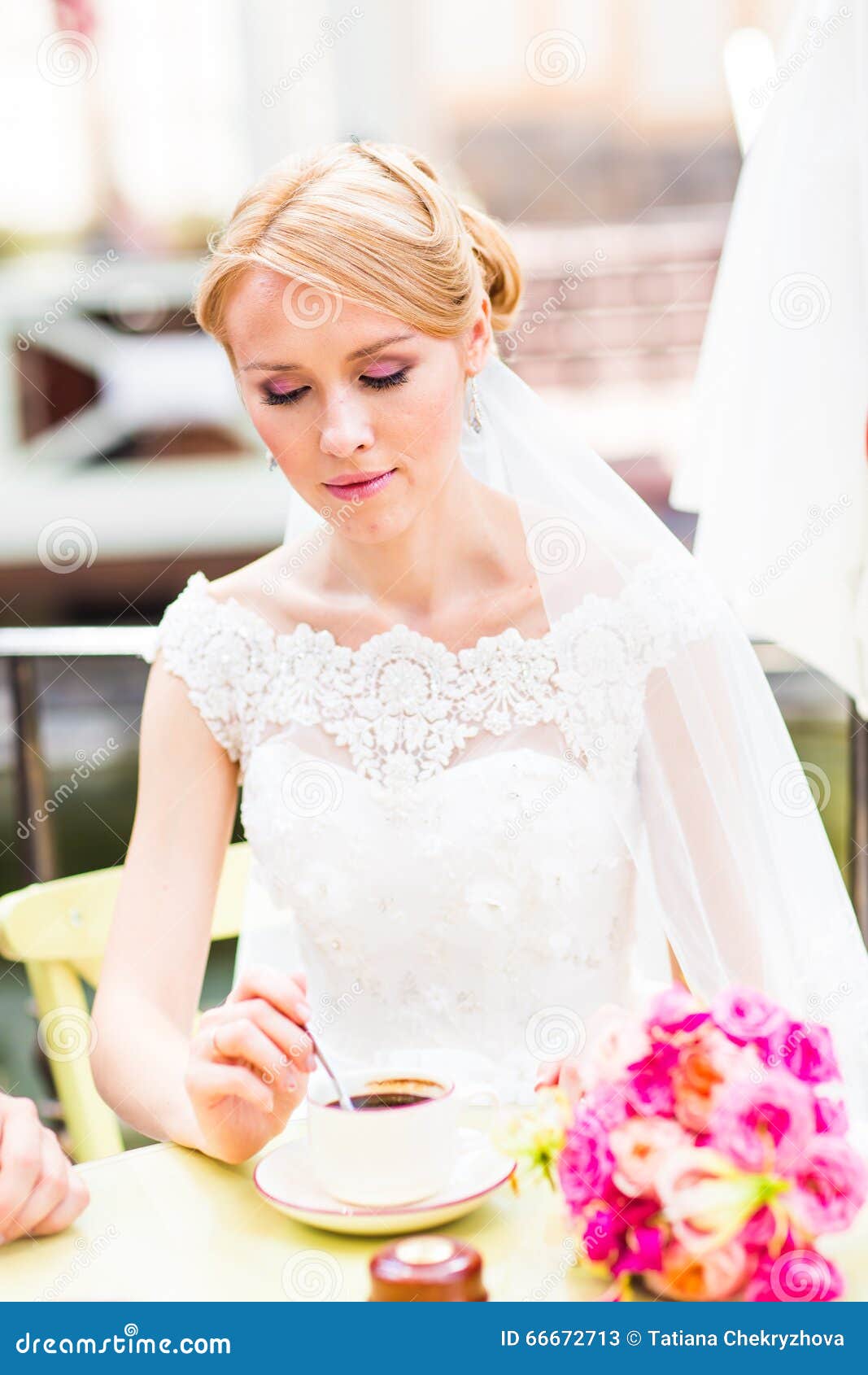Bride Drinking Coffee at an Outdoor Cafe Stock Image - Image of