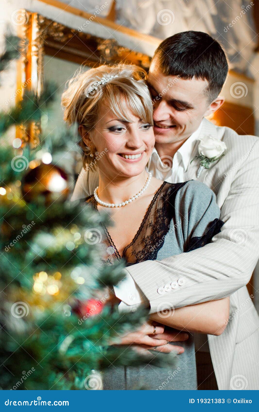 Bride and Groom Near Christmas Tree Stock Image Image of modern