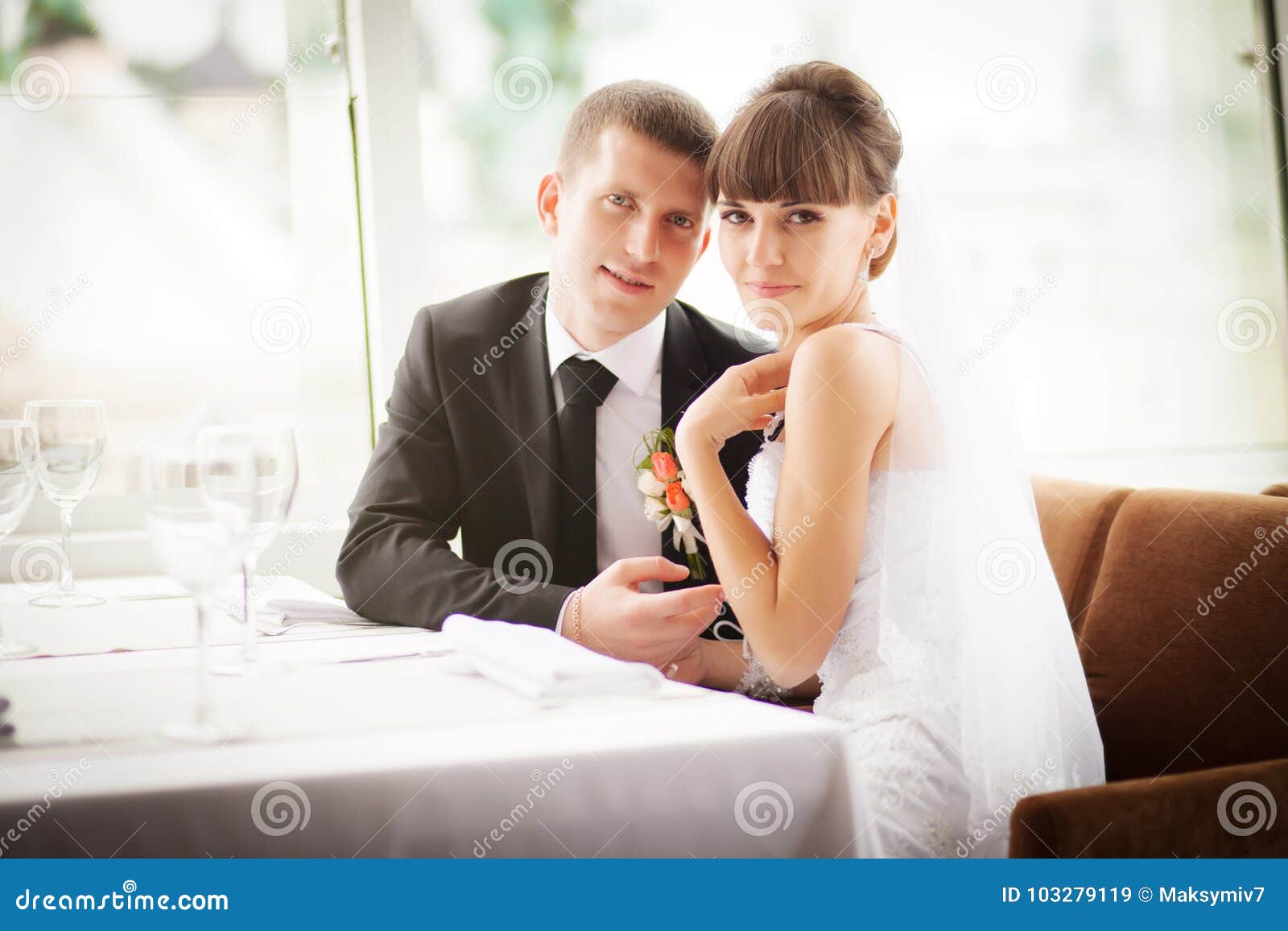 Bride and Groom in Restaurant. Stock Image Image of family, looking