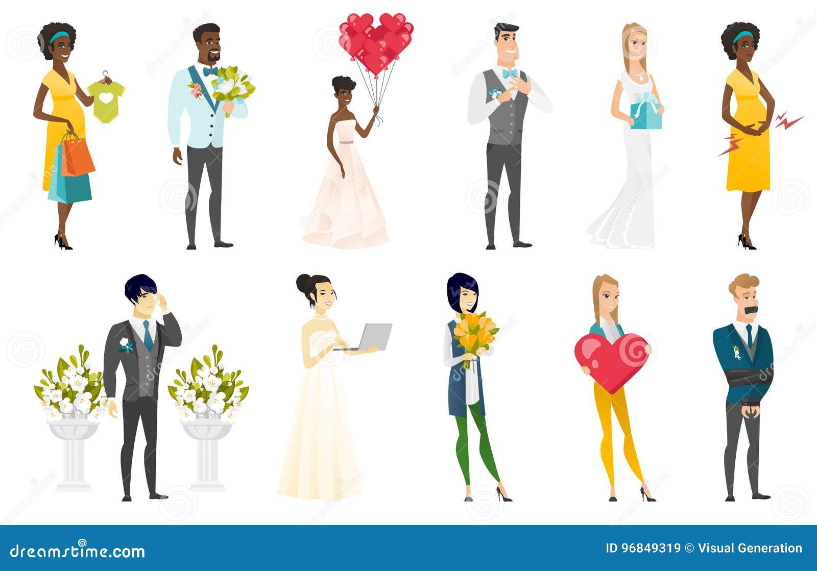 Bride And Groom Vector Illustrations Set Stock Vector