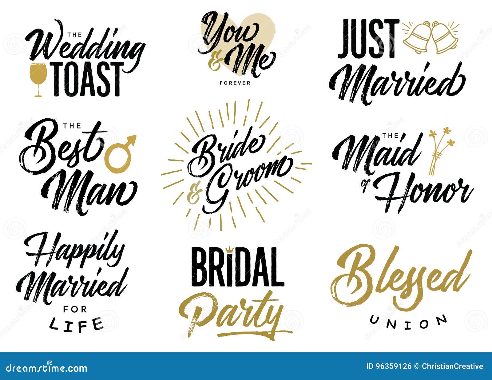 bride and groom wedding lettering phrases  set