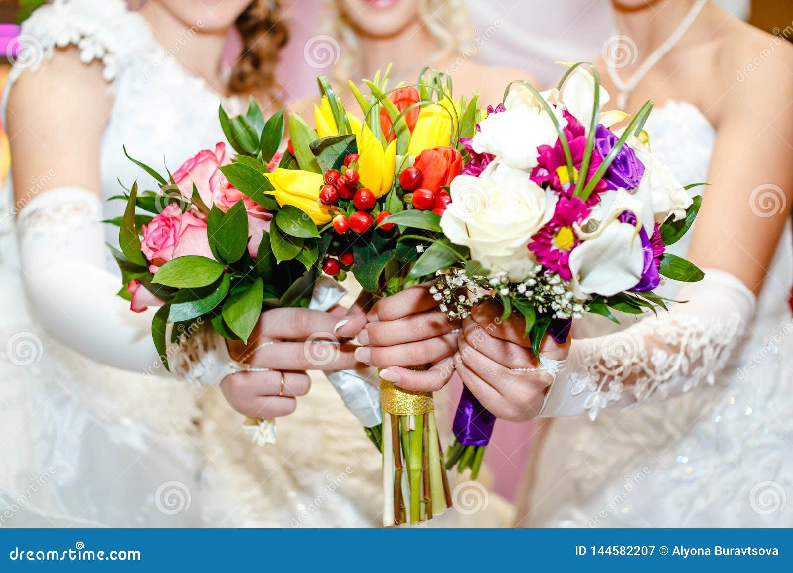 Bride holding bouquets stock image. Image of background - 144582207