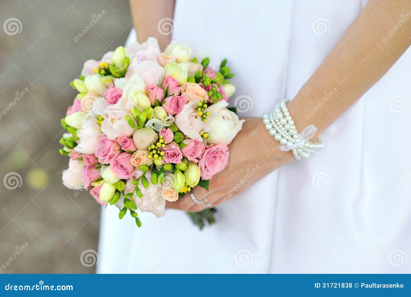 Bride Holding Wedding Bouquet in Hands Stock Photo - Image of green ...