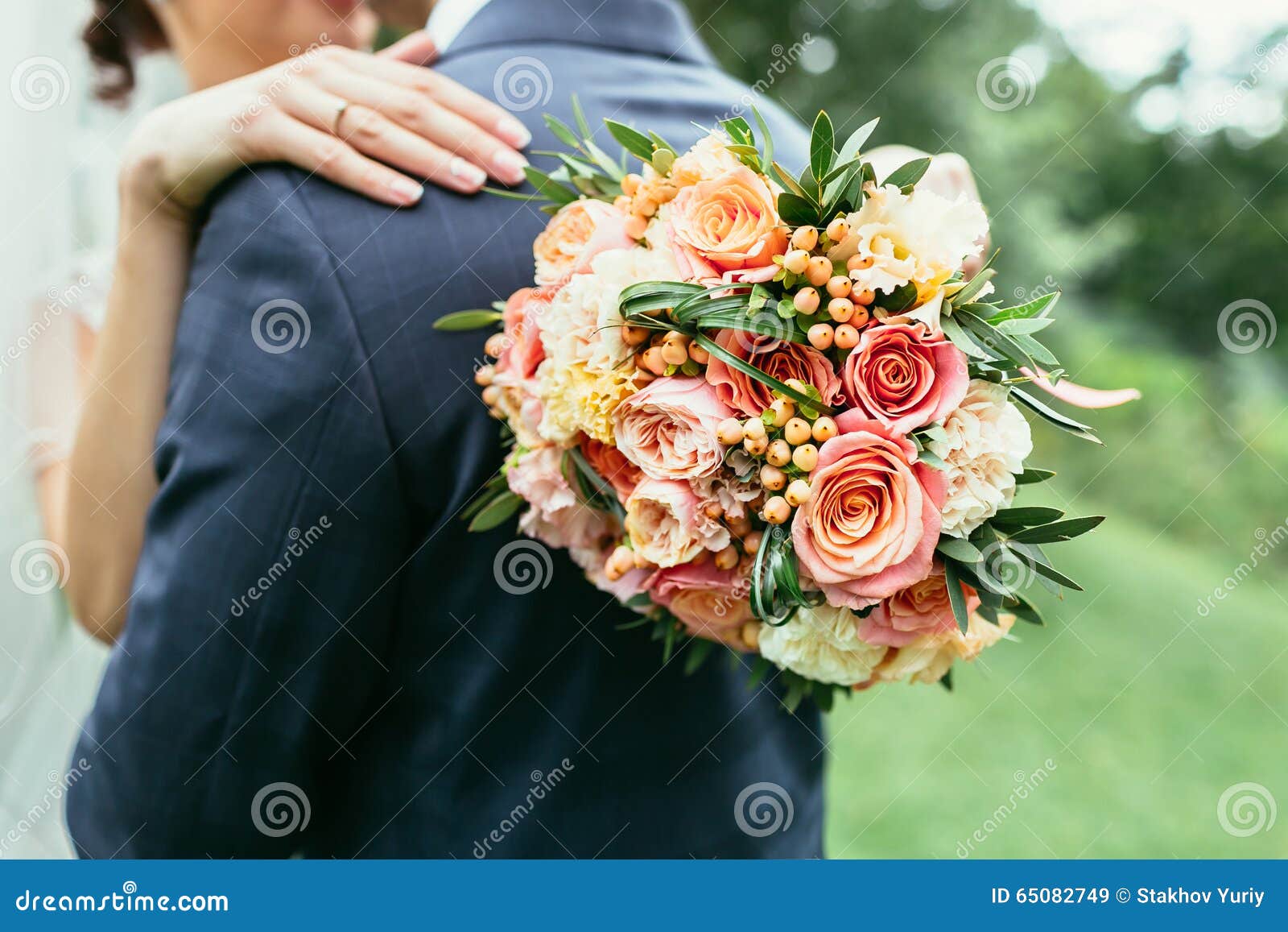 Bride Holding Wedding Bouquet and Hug Groom on Wedding Ceremony Stock ...