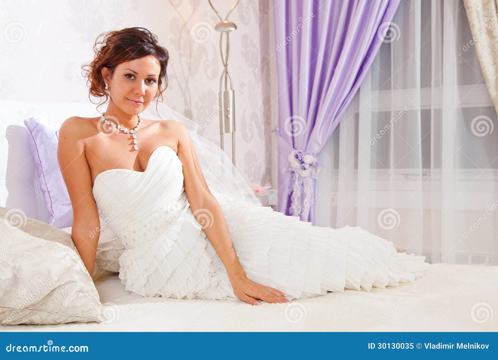 Bride on bed stock image. Image of bridal, house, female 30130035