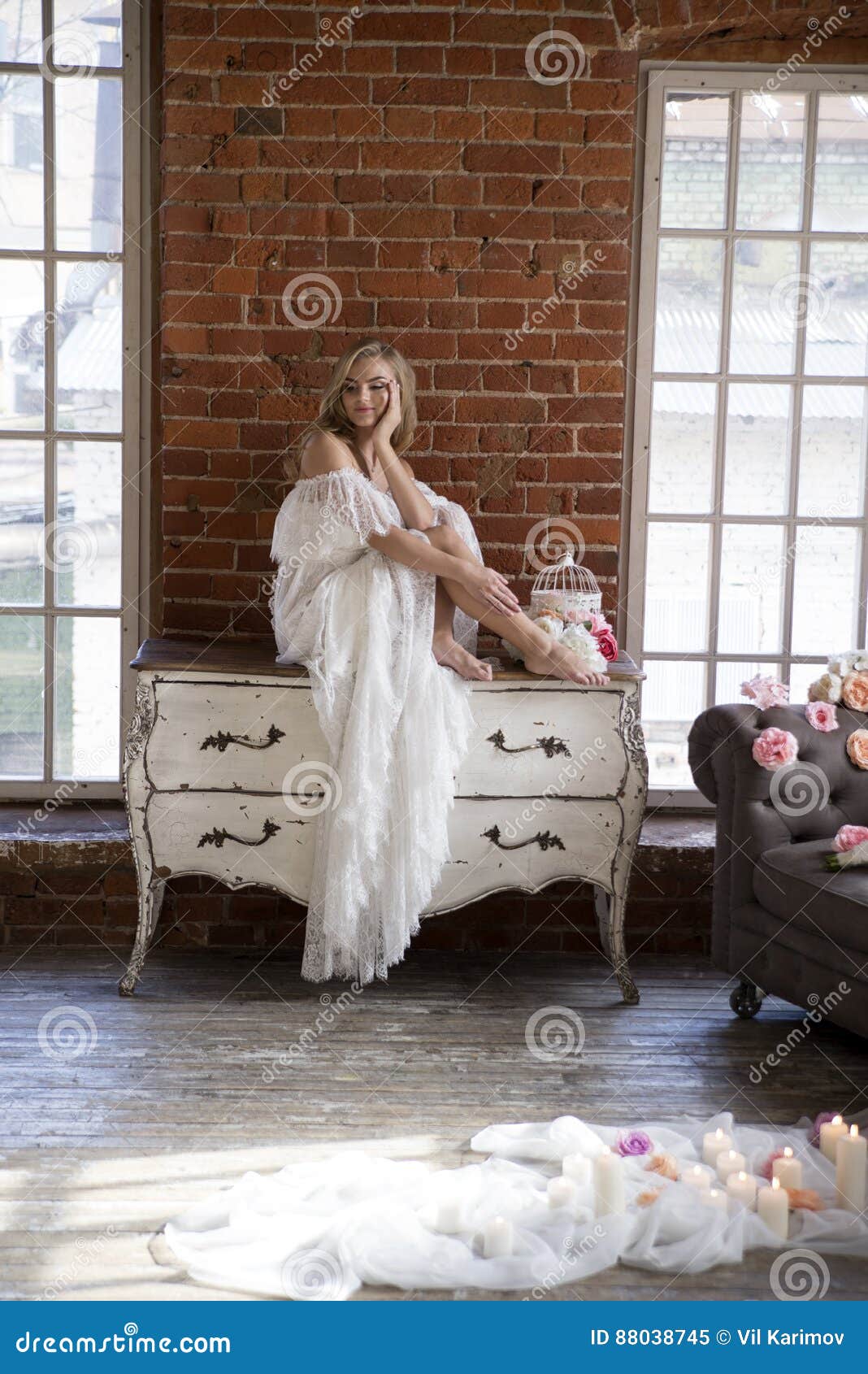 Bride Posing Sitting On Vintage Dresser Stock Image Image Of