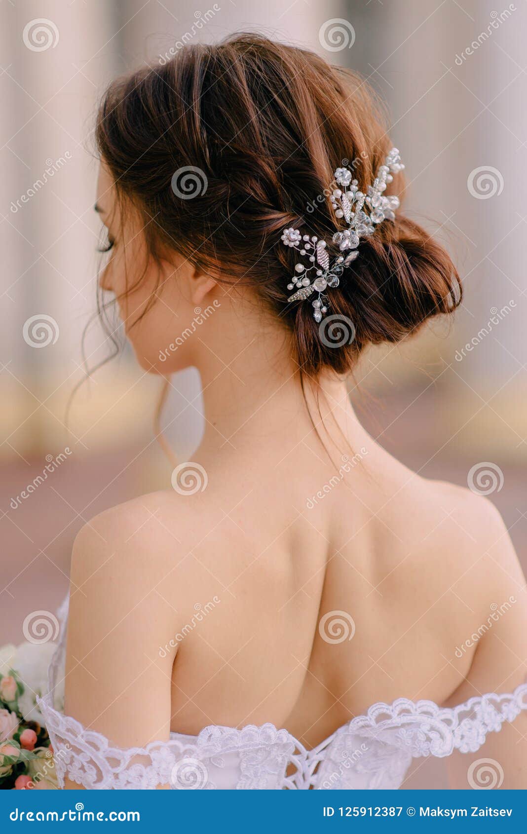 Bride`s wedding hairstyle from behind, close-up