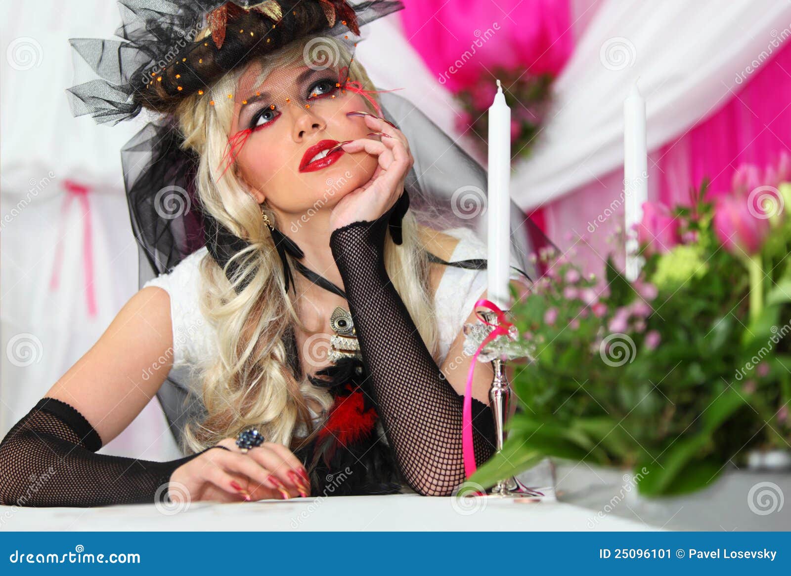 Bride Wearing Black Net Gloves and Unusual Hat Stock Image Image of