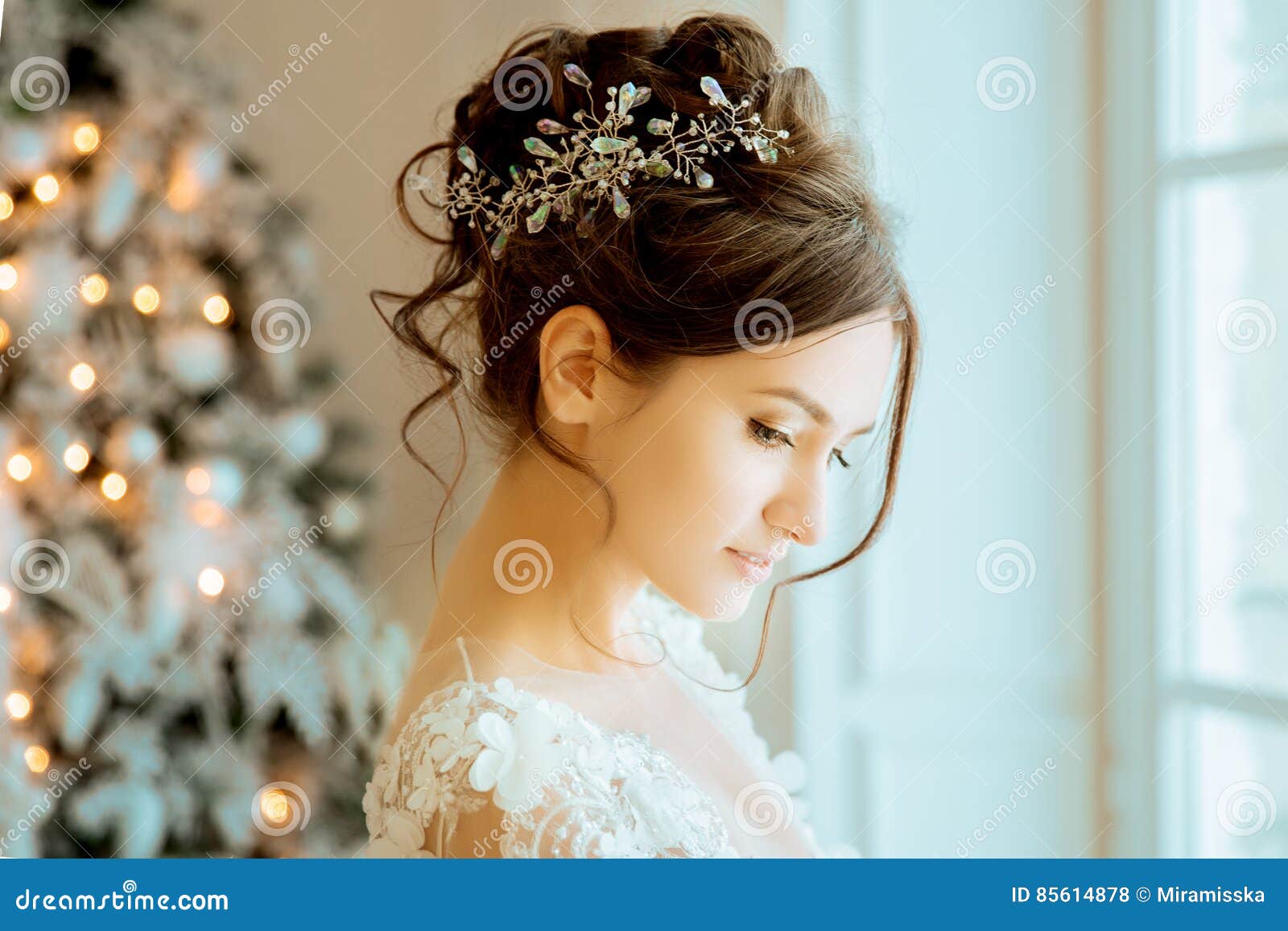 Bride Wedding The Bride In A Short Dress With Lace In The Crow Stock Photo Image Of Hairstyle Glamour 85614878