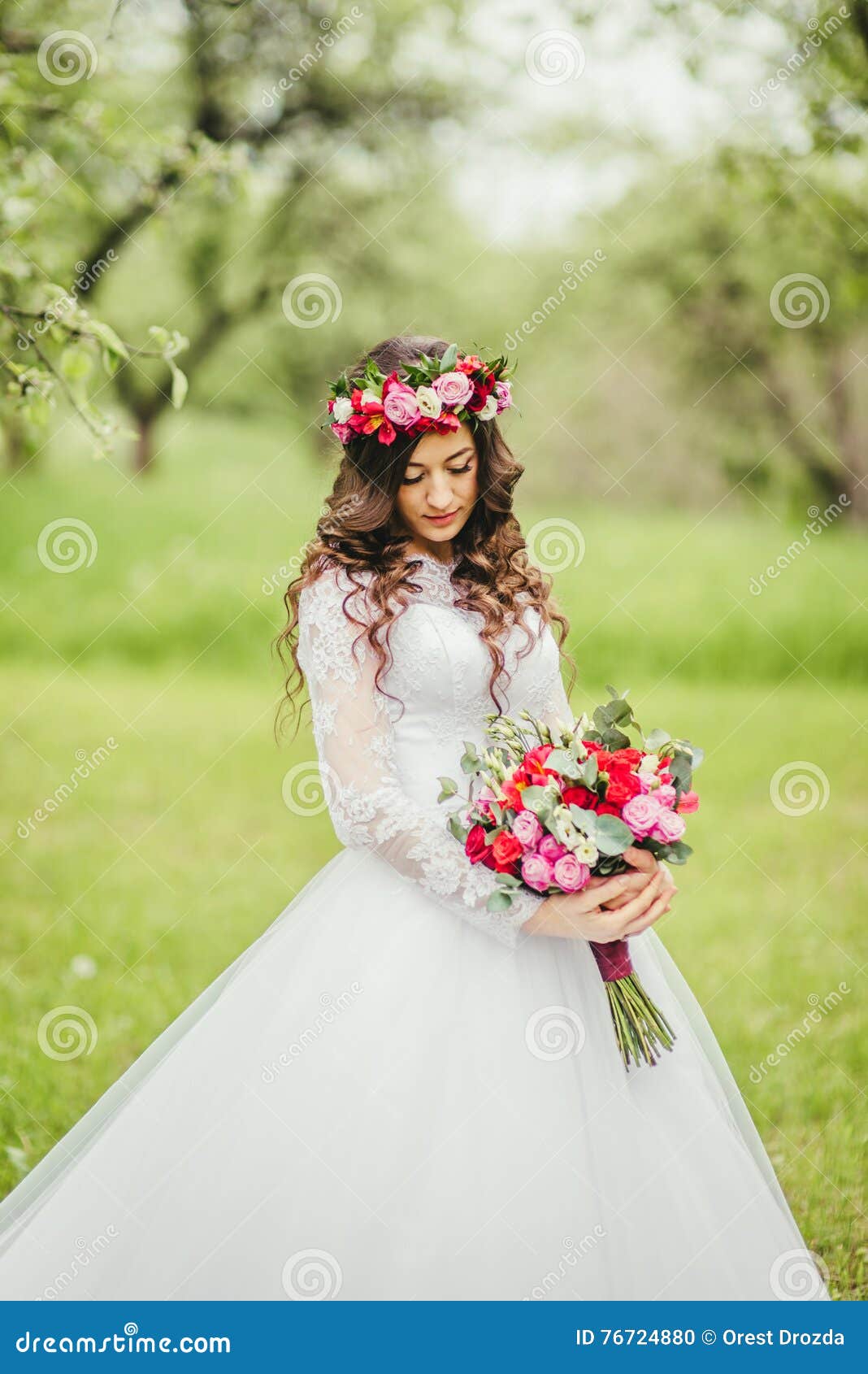 Bride in White Dress in a Garden Stock Photo - Image of hairstyle ...