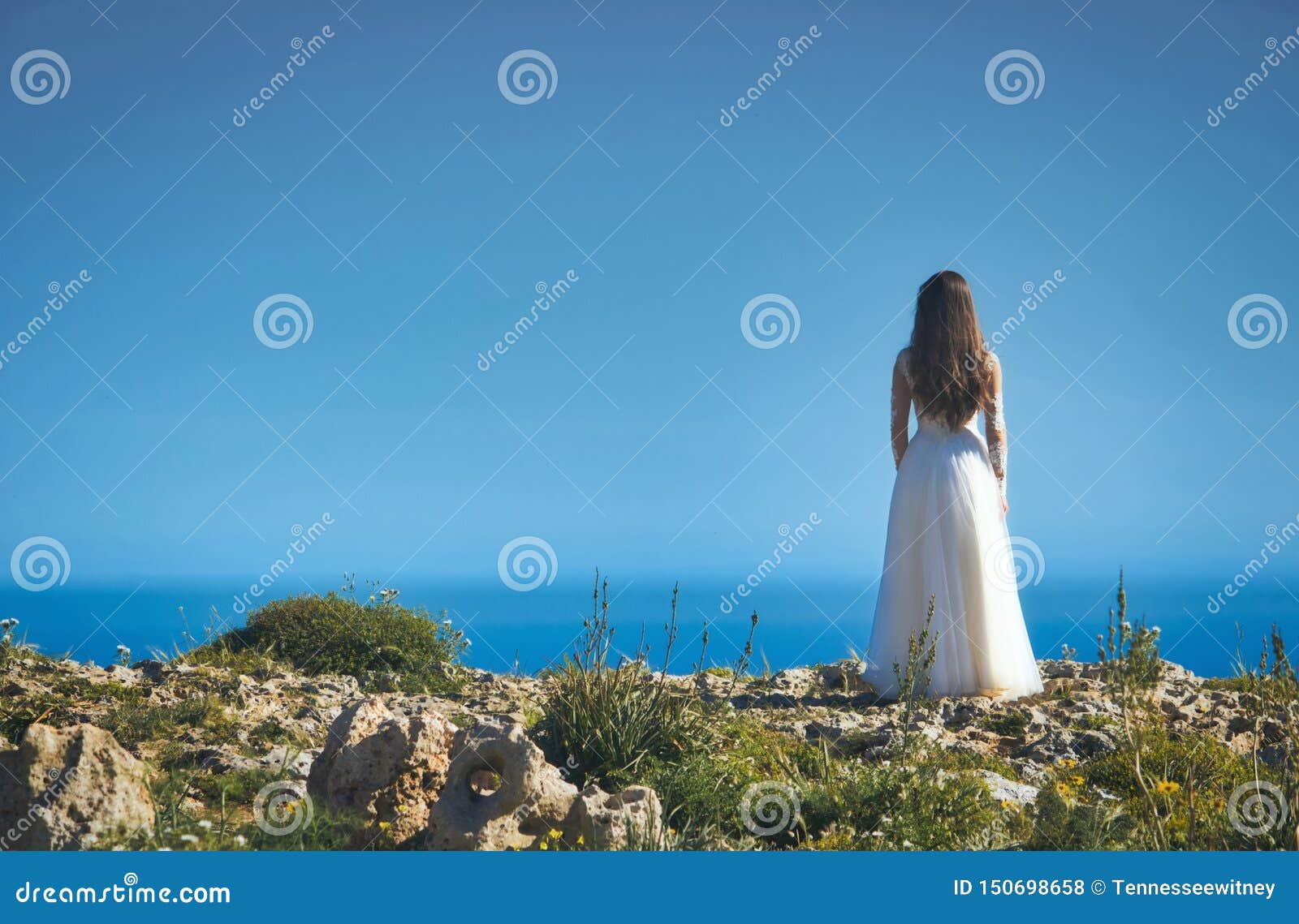 A Bride in a White Wedding Dress Standing on a Cliff Edge Looking Out ...