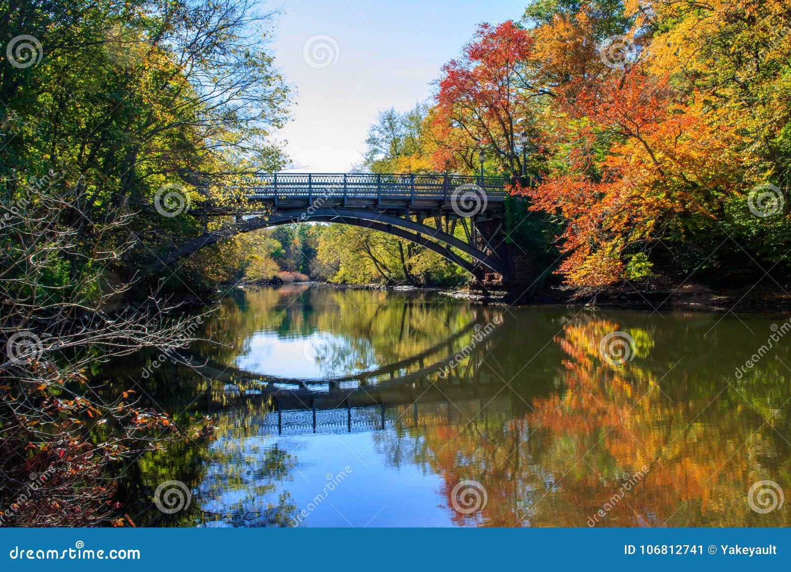 Bridge and Fall Foliage Reflected in the Mill River Stock Image Image