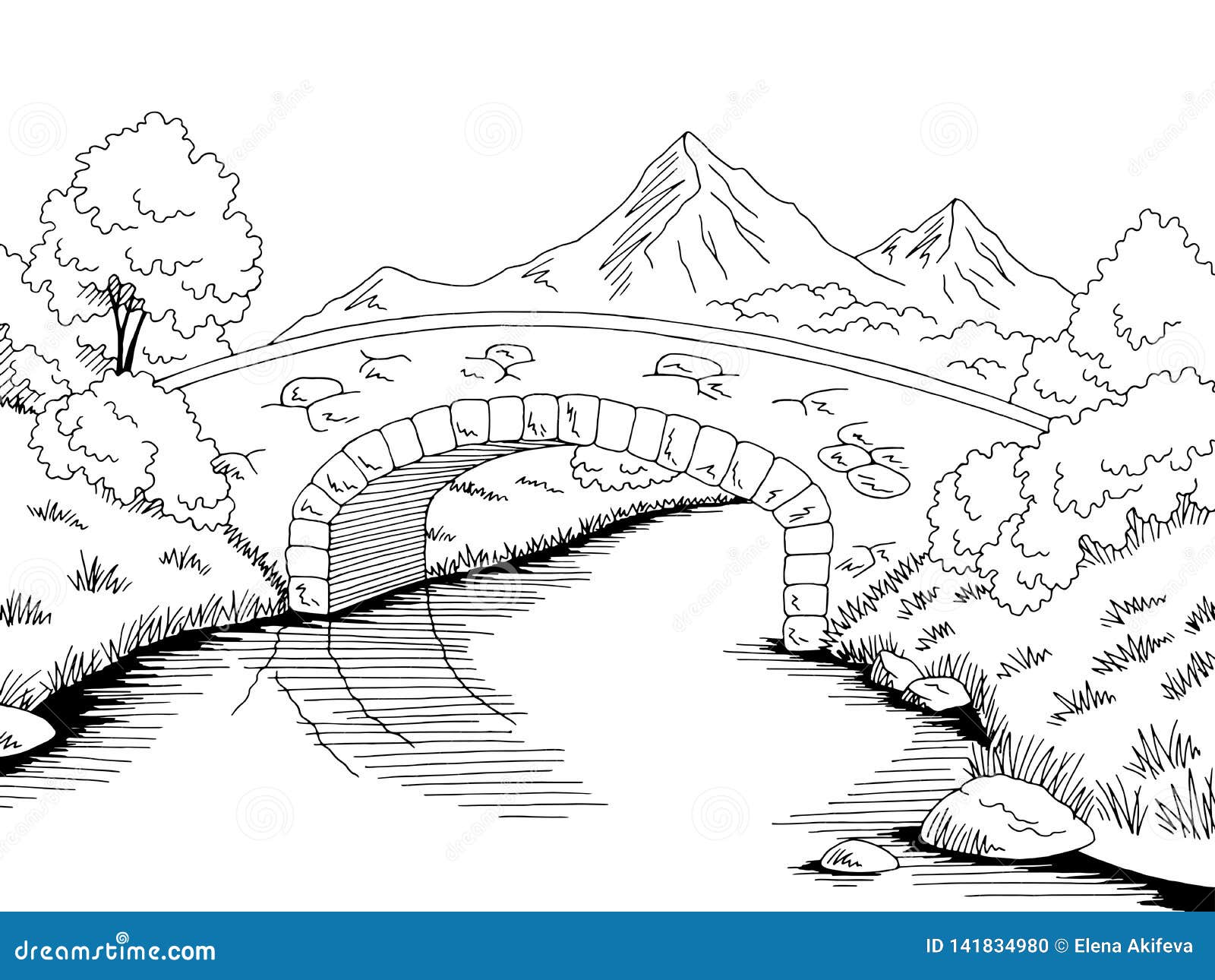 Bridge Graphic River Black White Landscape Sketch Illustration Vector ...