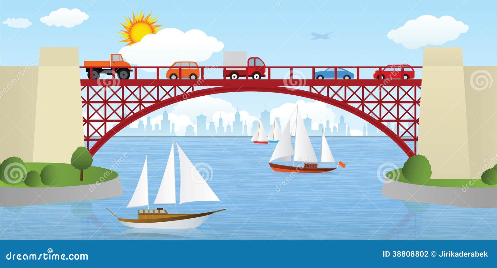 Bridge over the river stock vector. Image of boats 