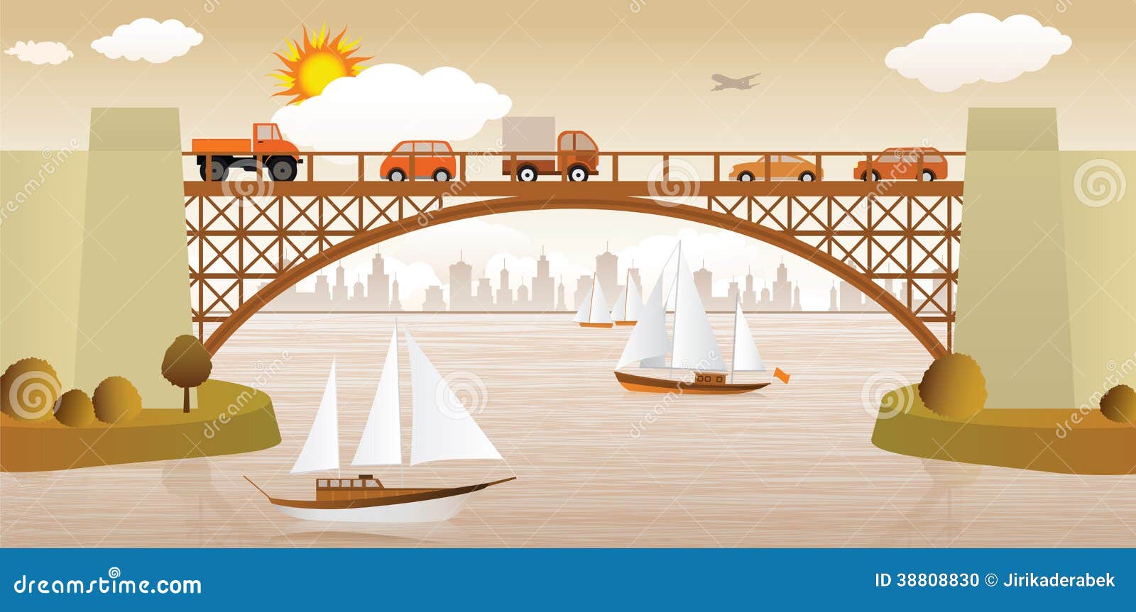 Vector illustration of bridge over the river (sepia tone)