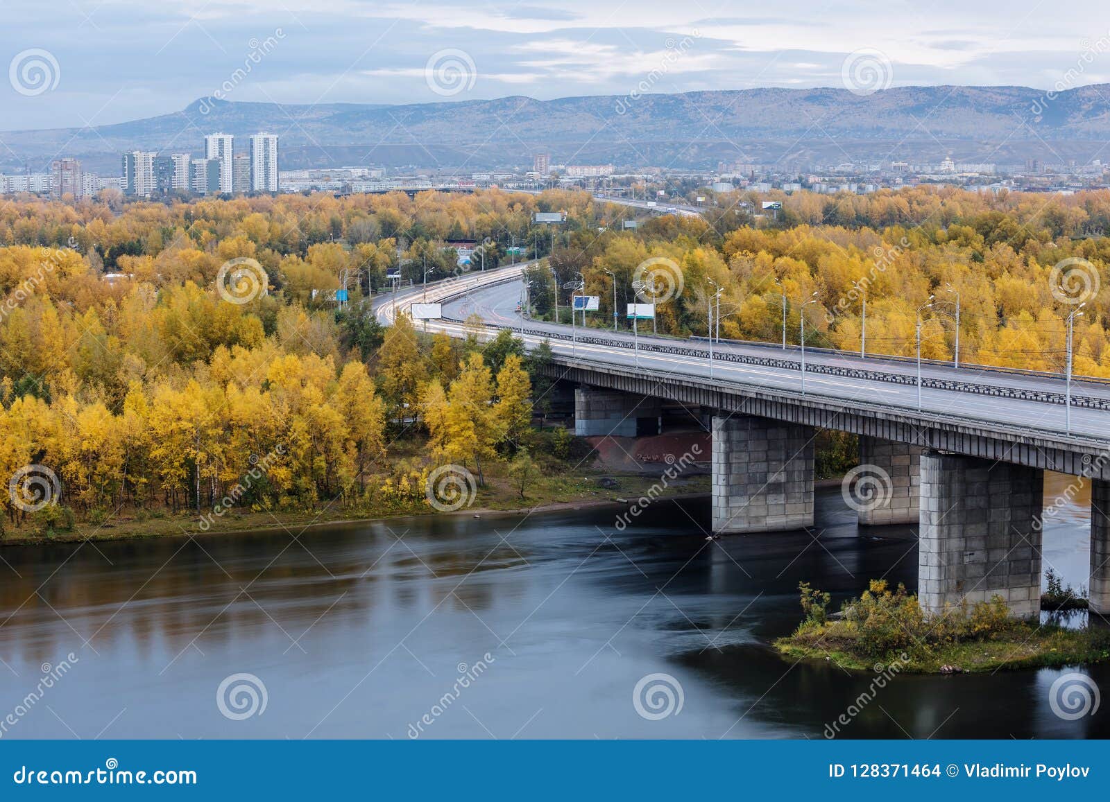 Bridge Over Yenisey River In Krasnoyarsk Russia In Autumn Stock Photo