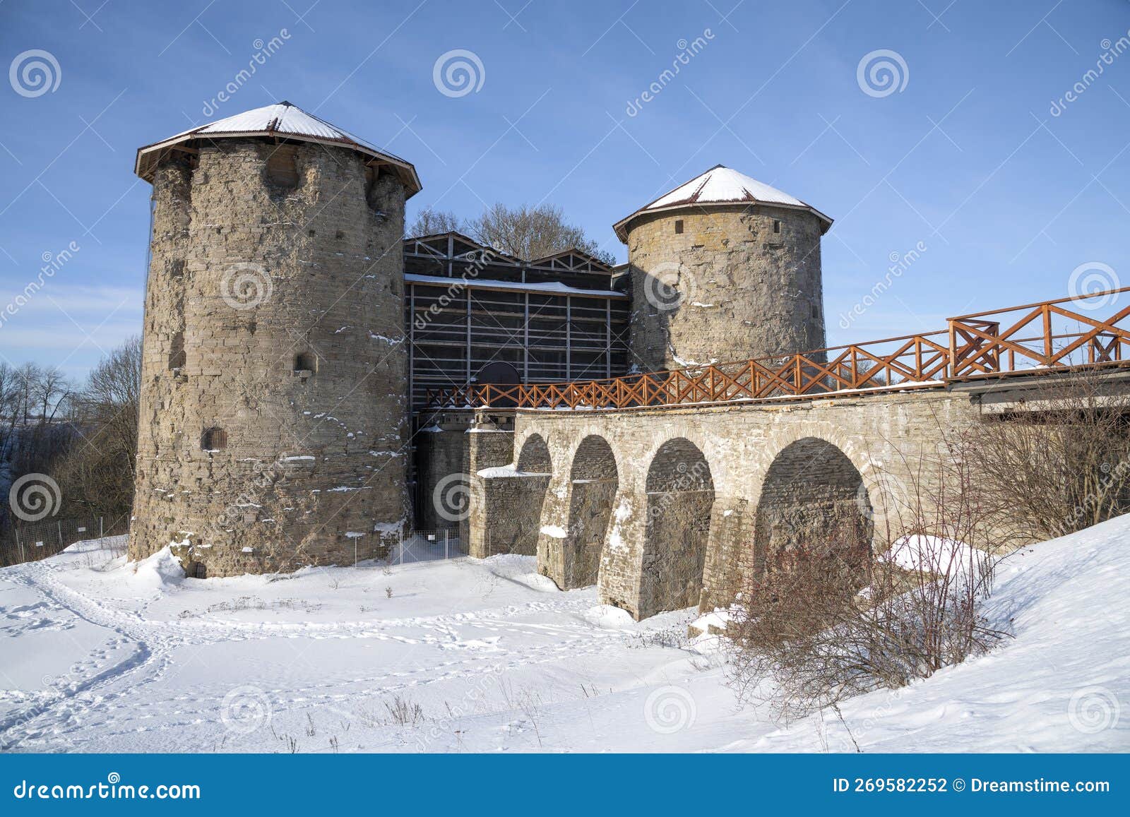 bridge and towers of the ancient koporskaya fortress. leningrad region, russia