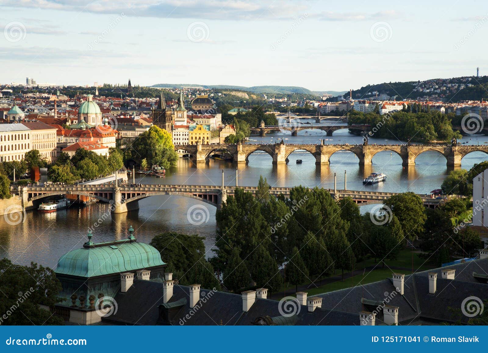 bridges of prague over vltava river, scenic view from letna