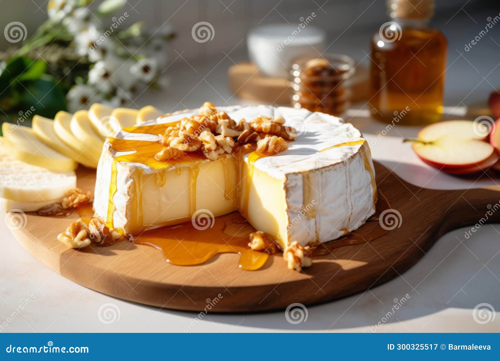 Brie Cheese with Honey Garnished with Nuts and Apples. Generative AI